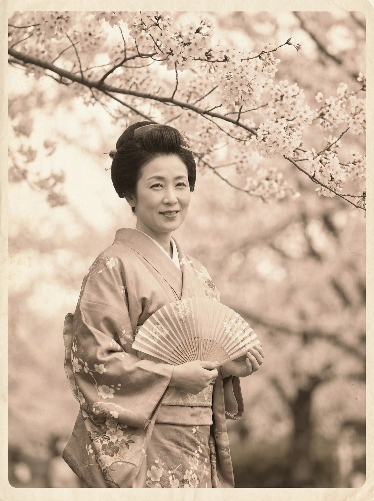一位持扇的优雅 安博体育平台平台 在樱花树下的复古写真