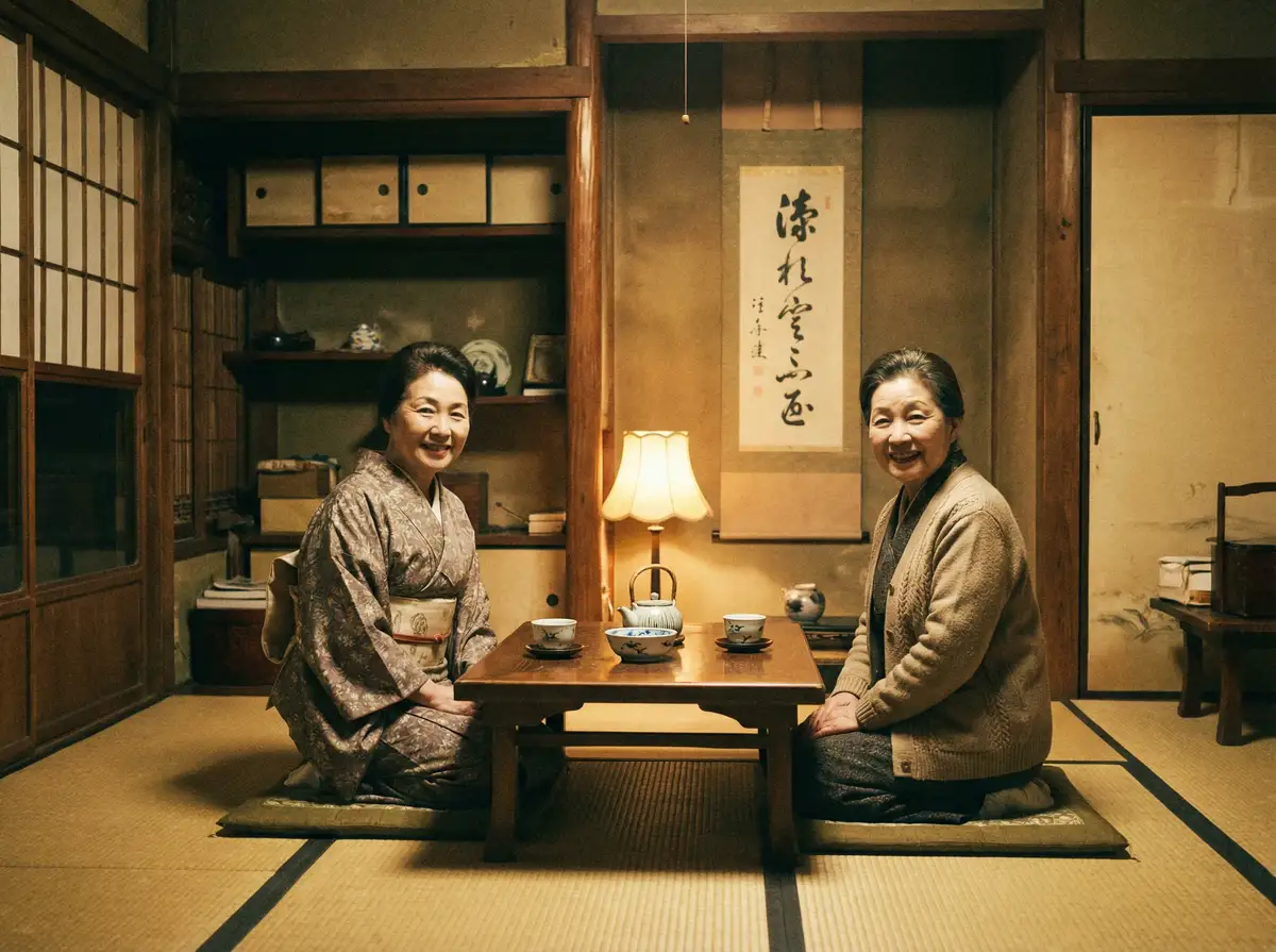 两位优雅的 安博体育平台平台 在日式茶室中品茶交谈